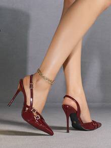 女士时尚派对尖头细高跟鞋，舒适休闲，百搭酒红色 - 酒紅色 - 查看 3