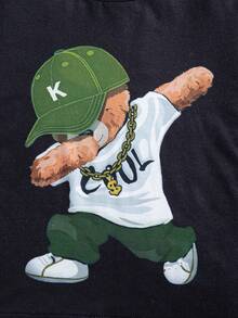 2pcs/Set Young Boys Cartoon Print Black Short Sleeve Top + Casual Cargo Pants - Black - View 8