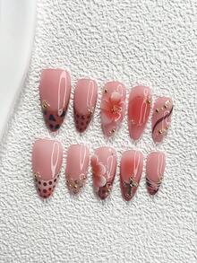 10pcs Orange Series Nail Art Set, Includes: Press-On Nail Stickers, French Manicure Stickers, Leopard Print Decorative Stickers, 5-Petal Flower Stickers, Cross Nail Decals, Gradient Blush Nail Stickers, Gold Glitter Nail Polish, And Matching Tools. Available In Coffin, Almond, And Pointed Shapes. Suitable For Parties, Holidays, Autumn/Winter, And Photo Shoots. Nails Handmade Press On Nails - 彩色 - 查看 16