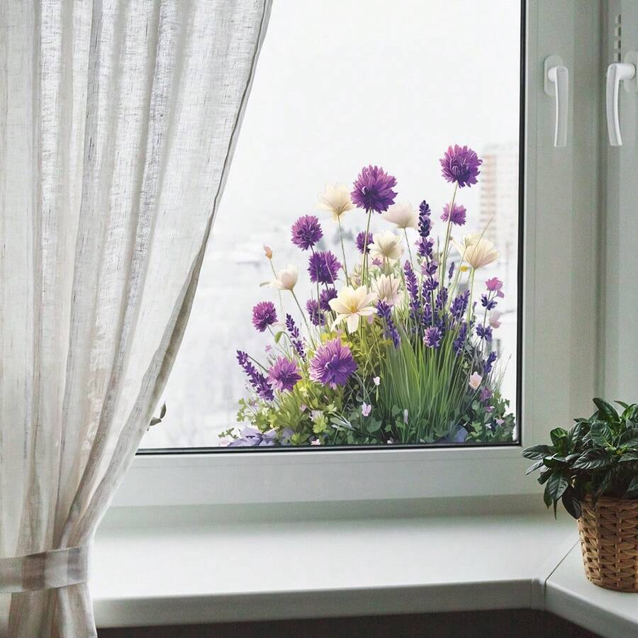 一款薰衣草和白色雏菊图案的窗贴，DIY可移除自粘纸，适合装饰卧室、客厅、阳台和商店橱窗。 - 彩色 - 查看 1