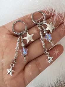 2 件套女士月亮、星星和人体几何镂空耳环，银色金属简约风格，适合派对和节日