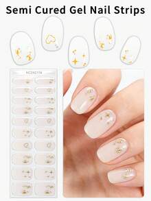 20片情人节爱心半固化凝胶美甲贴，春夏底白色指甲油搭配金色铬星爆水钻美甲贴纸，非常适合女士约会、派对和居家DIY美甲。 - 彩色 - 查看 2