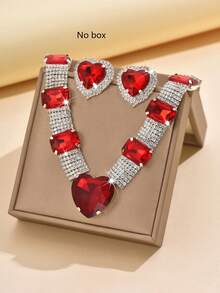 女士结婚首饰套装 | 闪亮心形红宝石水晶两件套 | 水钻配饰 | 适合婚礼、派对、情人节、感恩节礼物 - 紅色 - 查看 2