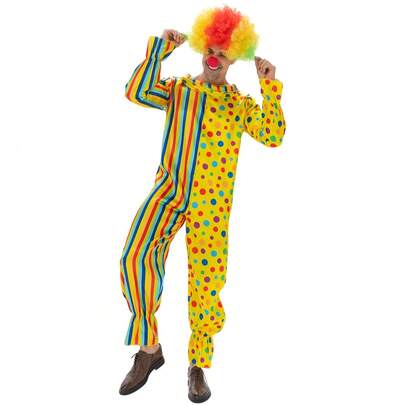 Hat Not Included Classic Clown Costume For Adults, Colorful Jumpsuit With Ruffle Collar, Halloween Party Outfit Includes Only ( Bodysuit).