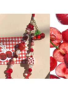 1pc Cherry Cute Phone Chain CCD Camera Lanyard Niche Pendant Handmade Beaded Girl Gubon Niche Pendant DIY Handmade Beaded Anti-Lost Wrist Strap - Multicolor - View 4