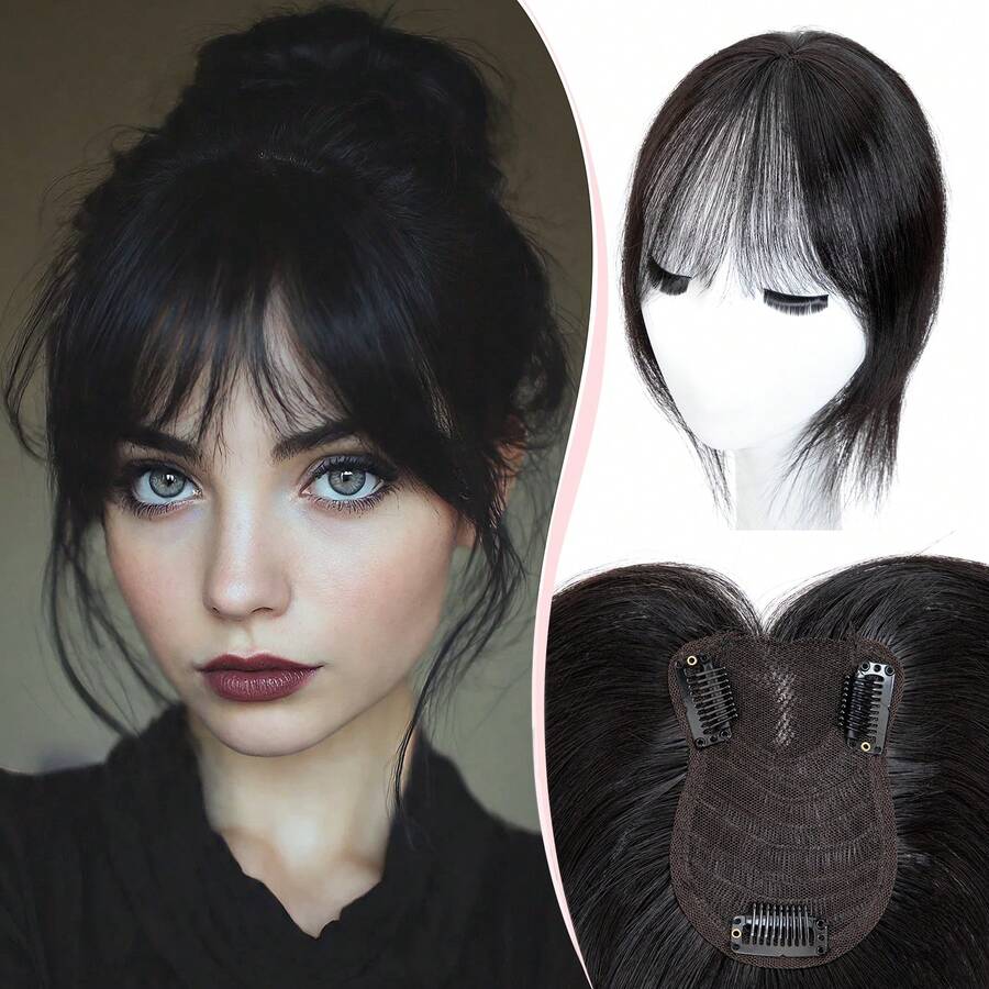 12英寸法式刘海透气蕾丝蛋白丝顶假发，手工制作逼真头皮，360°遮盖白发根，自然融合，夹式设计瞬间增加发量，专为头发稀疏人士设计 - 彩色 - 查看 1