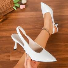 Giày sandal cao gót mũi nhọn mùa hè mới dành cho nữ - Giày lười hở mũi bằng da bóng màu trắng, có quai chun. - trắng - Xem 10