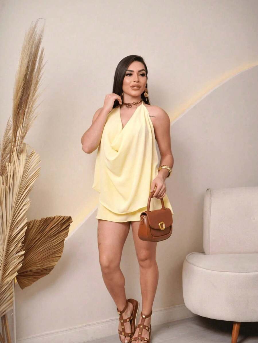 Women's Set: Blouse And Skirt Shorts, Loose Fit With Front Neckline And Tie For A Better Fit. Stylish And Comfortable. Summer Fashion. Women's Clothing. - 黃色 - 查看 1