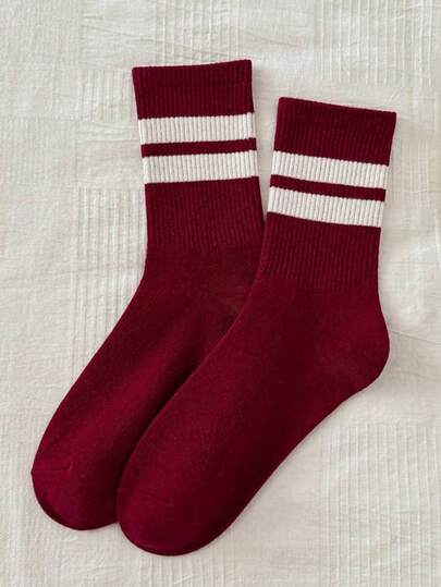 1/4 双装 时尚红白加厚女袜，简约针织中筒袜，柔软