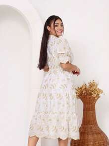 Women's Midi Dress With Embroidered Lace, All-Over Print, Embroidery, Button Detail, Ruffle Detail, Gathered Detail, Suitable For Formal And Evening Wear. - White Bicolor 3d - View 2