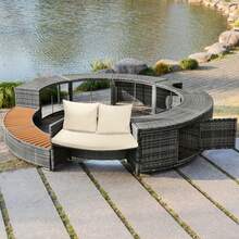 Garden Lounge Set With Round Sofa, Garden Furniture Set, Lounge Set, For Hot Tub And Pool, With Adjustable Feet, Including Cushions, Furniture For Terrace, Garden Or Pool Area (Previous Sku: HW00004AAA) - 灰色 - 查看 4