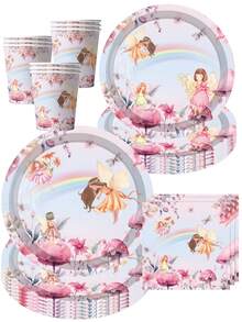 50 piezas Conjunto de suministros para fiesta de jardín de ensueño - Platos, vasos y servilletas desechables de papel con estampado de hadas arcoíris en tonos pastel | Celebración de cumpleaños mágico y temático de fantasía para niñas | Decoración floral rosa suave con setas, perfecto para regalos de fiesta en casa y festividades infantiles - Multicolor - Ver 6