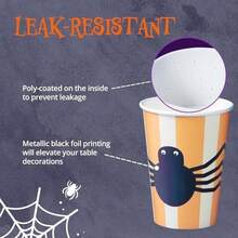 Vasos desechables para fiesta de Halloween, paquete de 50 unidades, resistentes a fugas, tazas calientes y frías de 12 onzas para restaurantes y fiestas, murciélagos, negro y plateado - Araña, rayas blancas naranjas - Ver 5