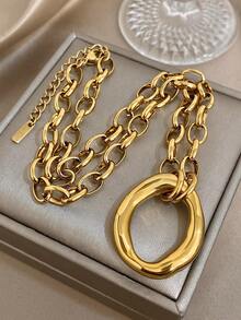 这款镀金镀银项链采用粗链和大型环扣设计，搭配椭圆形吊坠。它是一款时尚的珠宝，非常适合约会之夜、派对和特殊场合。 - 彩色 - 查看 2