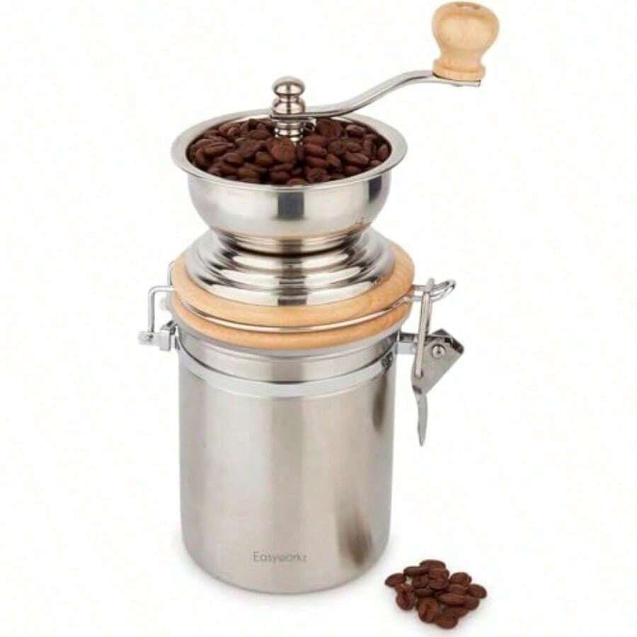 &Easyworkz Molinillo de café manual: configuraciones ajustables recipiente hermético herramienta para moler granos de café para cocina molinillo de café con manivela - Plateado - Ver 1