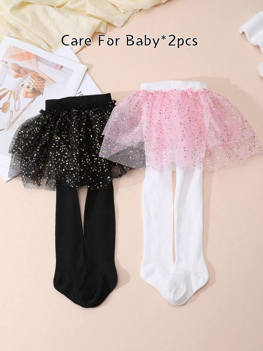 2 chiếc quần tất bó sát dễ thương bằng lưới xếp nếp cho bé gái, kiểu dáng nữ tính, thích hợp cho khiêu vũ và mặc hàng ngày.