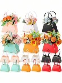 散装花束礼品袋 - 花束盒，用于装饰，纸质花卉礼品袋，带提手的花店用品，派对中心装饰，便携式散装花卉纸质礼品包装袋，适合作为2025年女性毕业礼物、婚礼生日礼物，带提手的便携式花卉包装纸袋，防水空花店盒子（经典款） - 彩色 - 查看 1