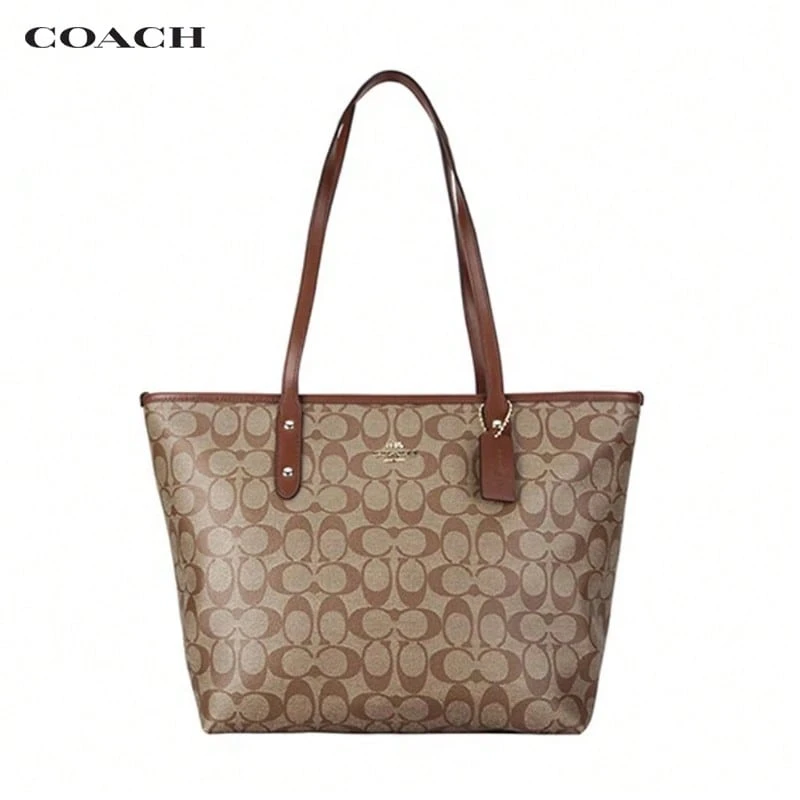 Coach City Zip Tote 30 Signature Print Zip-Top Coated Canvas Tote Bag, Shopping Bag, Shoulder Bag For Women, Brown-Black-Red F58292-IMNM4, Brown F58292-IME74, Brown-Black F58292-IMAA8 - Brown F58292-iME74 - View 1