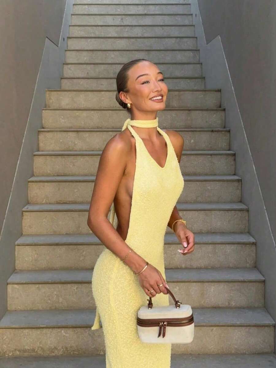 Women Sleeveless Knitwear Midi Sweater Dress Semi-Sheer Medium Stretch Regular Hem Perfect For Summer Beach Wear Spring - Yellow - View 1