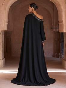 奢华亮片点缀黑色长款晚礼服，高开衩设计，阿拉伯风格长袍，卡夫坦长袍，端庄优雅长袍，女士阿拉伯连衣裙，派对礼服，婚礼宾客礼服，正式礼服