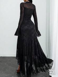 This Elegant And Sexy Vintage Dress For Women Features A Small Stand Collar, Rose Lace Trim, A Double-Layer Hem, And An Asymmetrical Sleeve With A Cutout Petal Design. Suitable For Various Occasions Such As Holidays, Daily Wear, Dates, And Vacations. Black Spring - Black - View 3