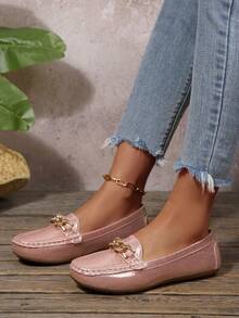 2025Women's Spring New ArrivalTrendsGold Chain Elegant Slip-On Loafers,Lightweight, Comfortable, VersatileRubber Flat Shoes - Pink - View 8