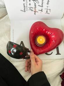1pc Vintage High-Quality Red Heart Ceramic Cup & Saucer Set, Stylish Milk/Coffee Ceramic Cup & Saucer - Multicolor - View 2