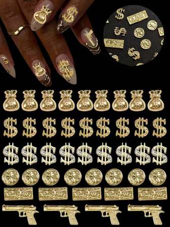 30pcs Luxury Gold Tone Metal Nail Art Decorations DIY Accessories, Dollar, Money Bag, Suitable For Nail Technicians, Nail/Pedicure Supplies And Nail Decorations (Compatible With Various Nail Art Designs)