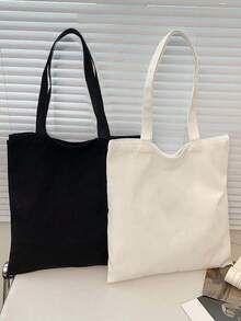 10pcs/Set Women Simple Canvas Tote Bag, Open-Top Canvas Shoulder Bag, Handbag, Simple Schoolbag For Elementary, High School And College Students, File Folder, Travel Bag - Beige - View 1