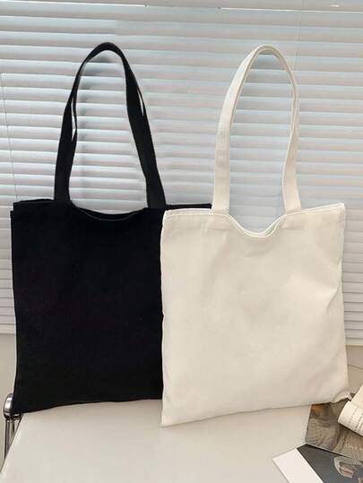 10pcs/Set Women Simple Canvas Tote Bag, Open-Top Canvas Shoulder Bag, Handbag, Simple Schoolbag For Elementary, High School And College Students, File Folder, Travel Bag