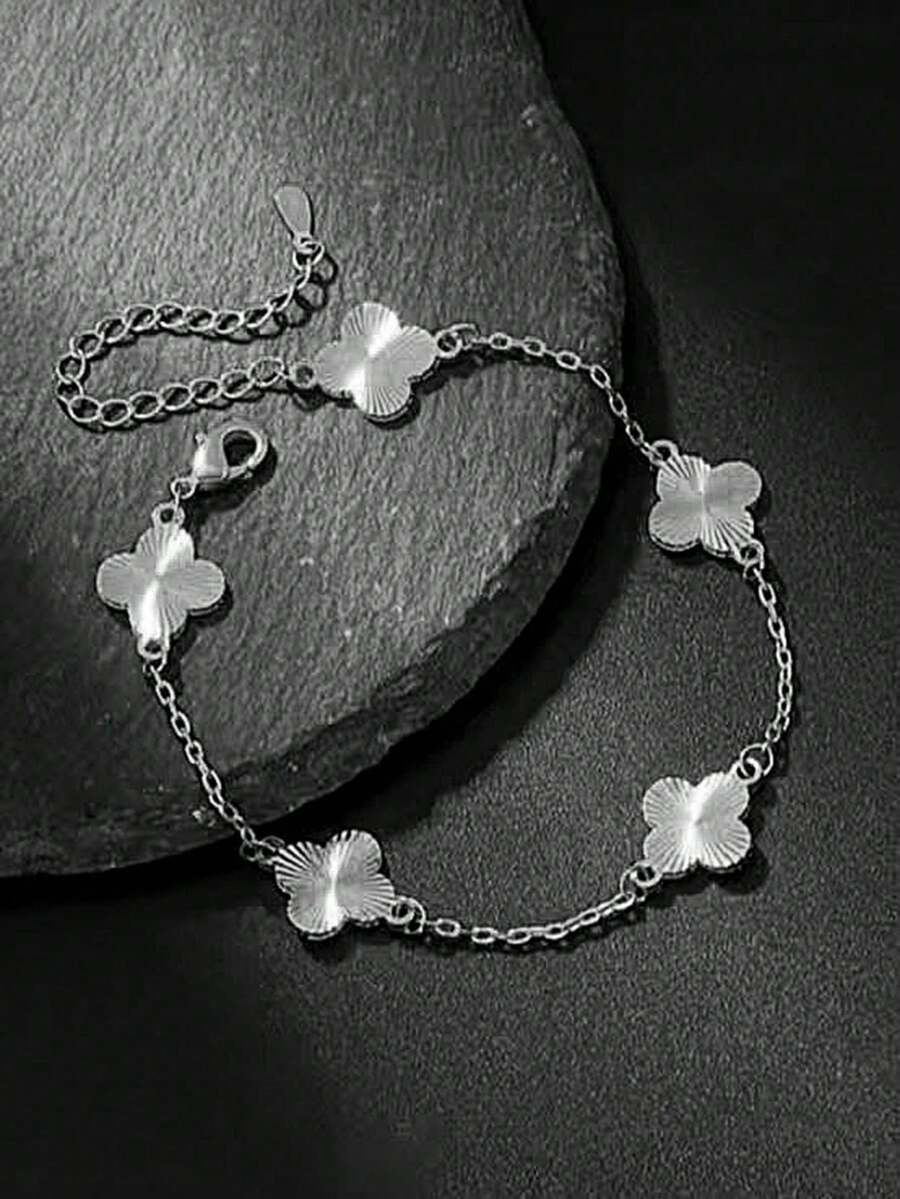 1 pieza Pulsera dorada de trébol de cuatro hojas elegante y delicada, adecuada para uso diario, mejor regalo de verano para amigos - Plateado - Ver 1