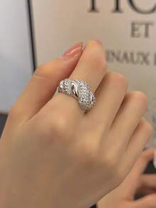 5件套奢华几何心形和花朵设计锆石镶嵌铜戒指套装,适合女士婚礼、节日、派对、搭配晚礼服(不含礼盒) - 銀色 - 查看 10