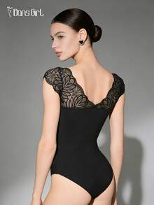 DonsGirl 1 件女式 V 领蕾丝袖舞蹈紧身衣，性感蕾丝拼布修身紧身衣