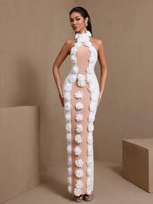 Elegant Sleeveless Halter Neck Long Floral Formal Gown For Cocktail Party - White - View 4