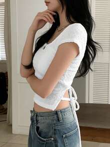 Square Neck Cropped Tie Front T-Shirt For Women - White - View 9