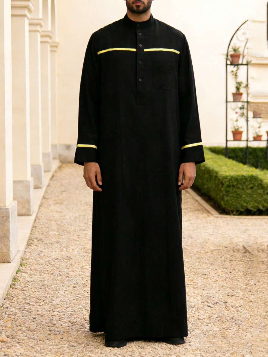 Eid Al-Adha Men's Middle Eastern Robe With Button Closure, Long Sleeve Middle Eastern Thobe, Suitable As Gift For Friends And Family - Black - View 1