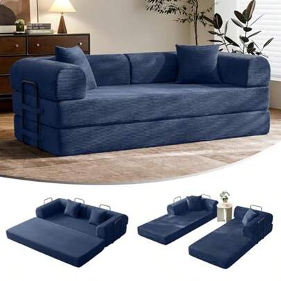 ccSofá cama convertible de 79 pulgadas con marco de forma fija y reposabrazos extraíbles sofá cama modular de pana sofá con colchón plegable para espacios pequeños - no requiere ensamblaje en azulnn