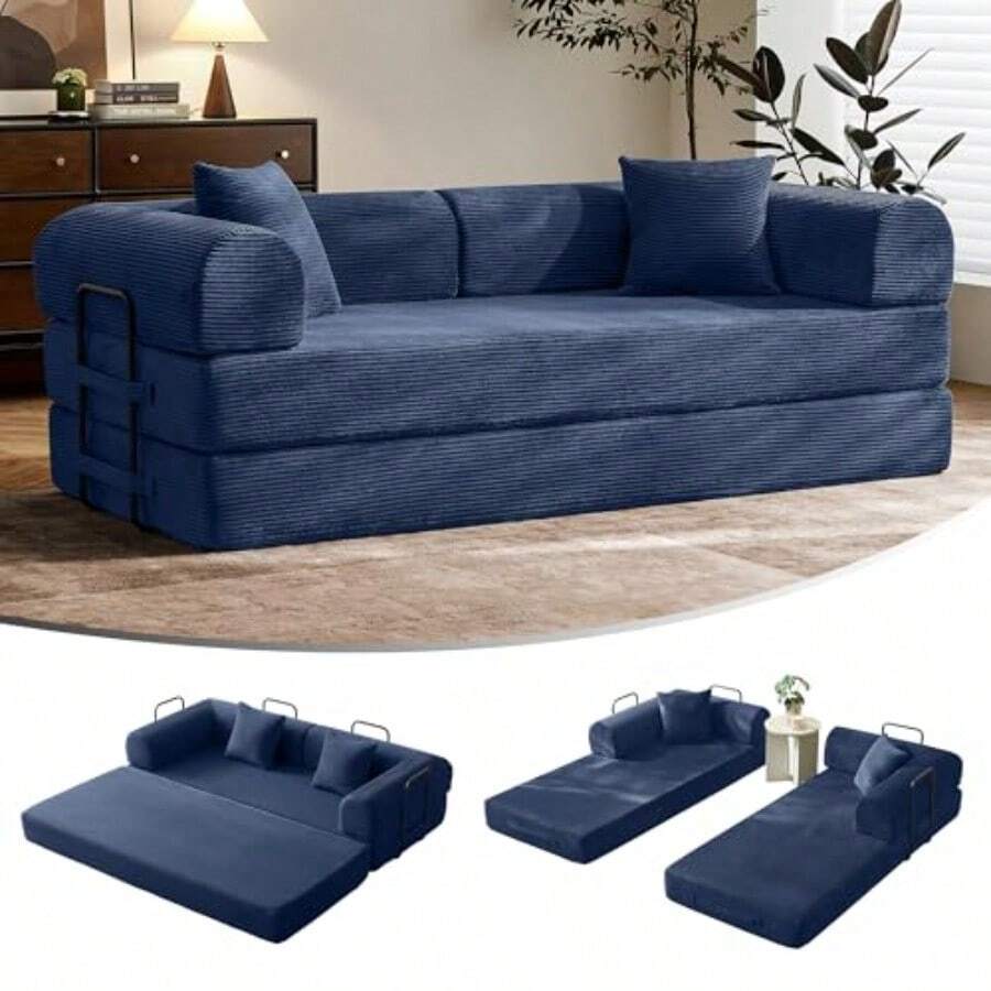 ccSofá cama convertible de 79 pulgadas con marco de forma fija y reposabrazos extraíbles sofá cama modular de pana sofá con colchón plegable para espacios pequeños - no requiere ensamblaje en azulnn - Azulmarino - Ver 1