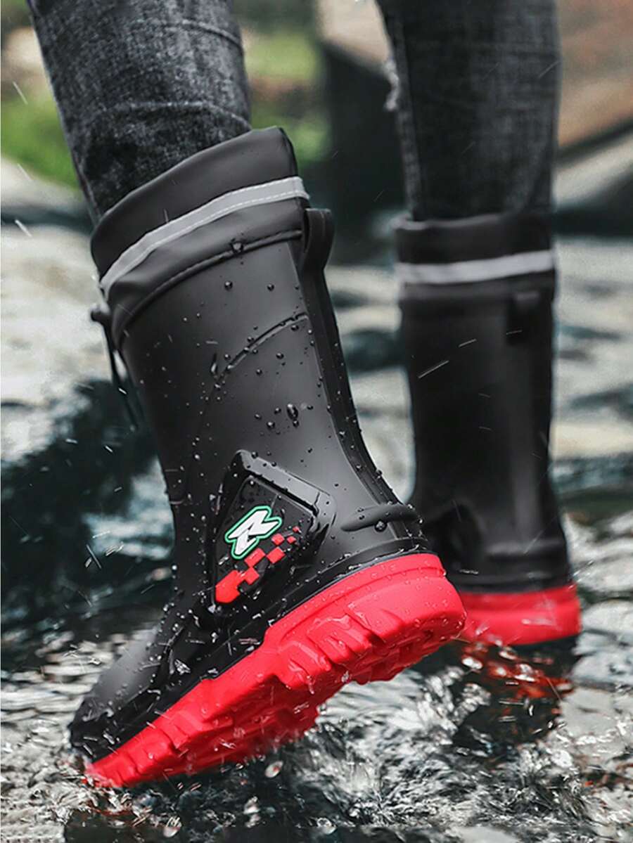 男士中筒雨靴，新款上市，防滑软鞋身，抽绳鞋领，是钓鱼和雨天出行的理想之选。 - 黑紅色 - 查看 1