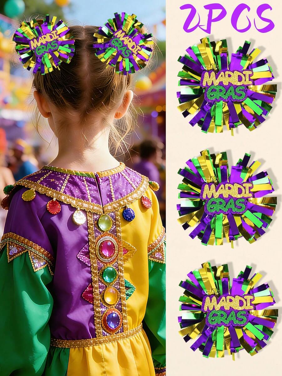 2 piezas Clips para el cabello de Mardi Gras para niñas, Pinzas para el cabello de color amarillo, verde y morado, Accesorios para el cabello de fiesta festiva, Accesorios para el cabello de carnaval - Multicolor - Ver 1