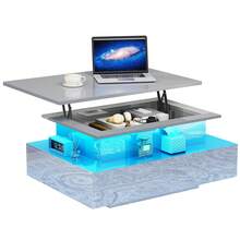 Lift Top Coffee Table, High Glossy With LED Strip, Modern Wooden Rectangle Tea Table With 2 Drawers -By GeoTower - Grey - View 7