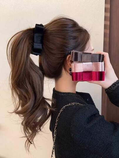 1pc Women's Velvet Bow Banana Hair Clip, High Ponytail Claw Clip, Versatile Everyday Hairstyle Accessory, Hair Slide, Hair Barrettes, Head Accessories, Hair Accessories For Women