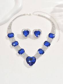 1 Set Women's Wedding Jewelry Set | Sparkling Heart-Shaped Sapphire Crystal 2-Piece Set | Rhinestone Accessories | Suitable For Wedding, Party, Valentine's Day, Thanksgiving Gift - Blue - View 3