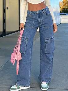 Women's Medium Blue Practical Utility Cargo Jeans - Loose Wide Leg, Multi-Pocket Design, Y2K Style Streetwear Denim Pants - Dark Wash - View 9