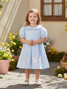 Vestido de Pascua para niña pequeña, primavera y verano, con bordado de conejito, cuello de muñeca, mangas cortas, corte A, ropa bonita para festivales, ideal para 12 meses a 5 años. - Azul - Ver 1