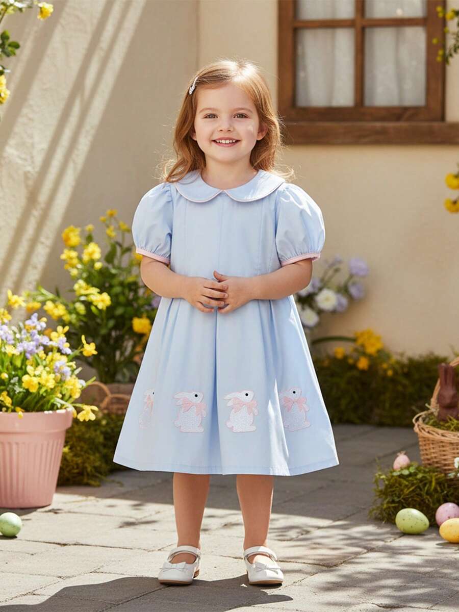 Vestido de Pascua para niña pequeña, primavera y verano, con bordado de conejito, cuello de muñeca, mangas cortas, corte A, ropa bonita para festivales, ideal para 12 meses a 5 años. - Azul - Ver 1