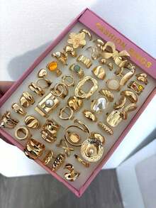 30/20/15/10/6pcs Vintage, Elegant, Chunky Multi-Piece Stackable Rings Set - Featuring Flower, Bow, Geometric, Pearl, Asymmetrical Shape, Colorful Stone Texture, Heart, Pleated, Hollow, Square, Round, Twisted, Braided Chain, Minimalist, Smooth Plain Band, Oversized, Chunky Rings, Fashion, Elegant, Delicate, Retro Design, Suitable Holiday, Party, Date,, Daily Wear - Yellow Gold - View 6