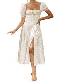 European And American Women's Fashion Spring New Dress Fashionable Fresh Floral Backless Slit Dress One Piece - Image Color 12 - View 7