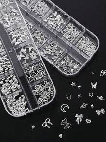1 Box Nail Art Charms, Featuring Golden Metal Rivets, With Hollow Heart And Bow Designs, Moon, Star, For DIY Nail Decoration And Jewelry Crafting, For A Japanese-Style Manicure, And Includes Unscented Nail Rivet Accessories. - Silver - View 6