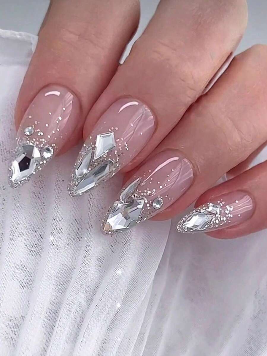 24 piezas de uñas con forma de almendra, estilo fresco y puro de verano, con diseño pintado, completamente cubiertas, hechas a mano con polvo brillante y diamantes, incluye un juego de herramientas para uñas. Adecuado para que las niñas y mujeres lo usen en fiestas, bailes, vacaciones y en la vida diaria